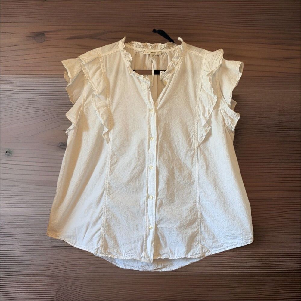 100% Cotton Free Assembly Women’s Ruffle Feminine White Short Sleeve Blouse XXL